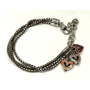BRIGHTON 3-STRAND SILVER CHAIN VIENNA HEARTS CHARM ENAMEL 7.5-8.5" BRACELET EUC